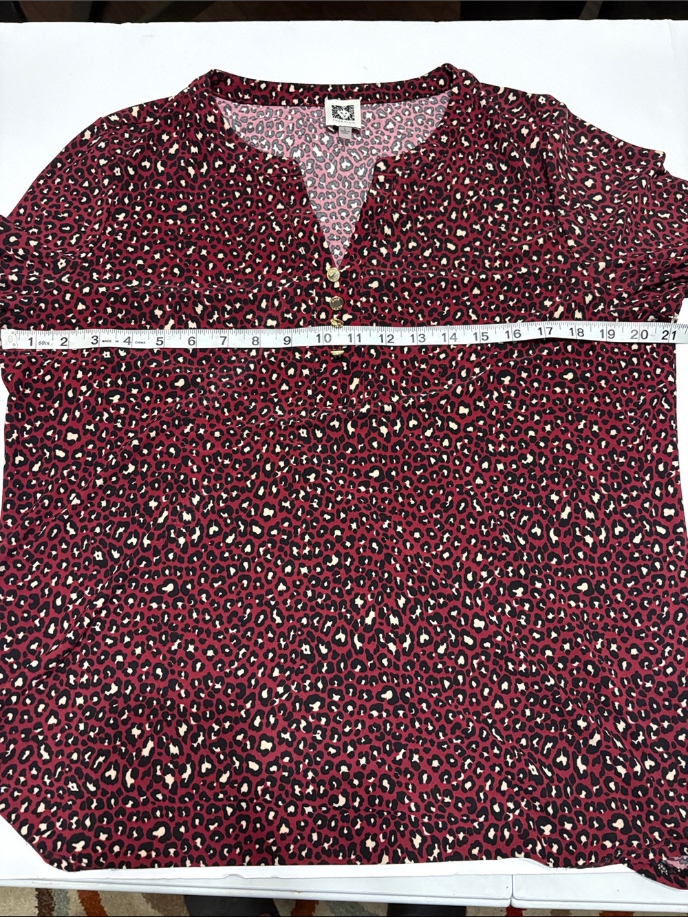 Anne Klein Burgundy Leopard-Print Long Sleeve Henley - Picture 5 of 6